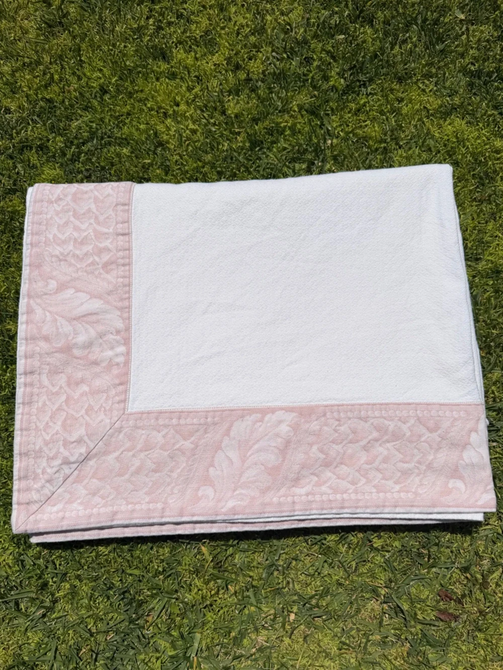 Le Telerie Toscane Italy Jacquard Basketweave Cotton Tablecloth Pink White 62x84